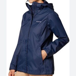 Columbia Jacket Womens S Blue Full Navy Zip Hooded Windbreaker Coat Omni-tech